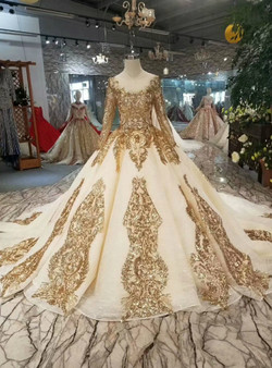 Shop 2019 Long & Short Champagne Ball Gown Tulle Sequins Long Sleeve Wedding Dress With Removable Train With Factory Price From Kemedress