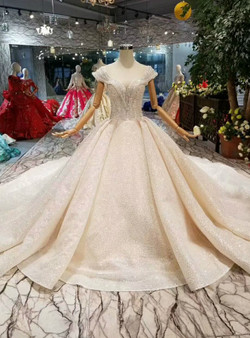 Shop 2019 Long & Short Champagne Ball Gown Tulle Sequins Cap Sleeve Backless Beading Wedding Dress With Long Train With Factory Price From Kemedress