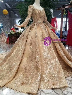 Shop 2019 Long & Short Champagne Gold Lace Square Backless Long Sleeve Beading Wedding Dress With Train With Factory Price From Kemedress