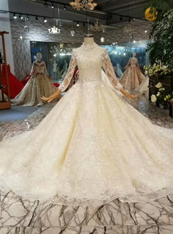Shop 2019 Long & Short Champagne Ball Gown Lace Tulle High Neck Long Sleeve Wedding Dress With Train With Factory Price From Kemedress