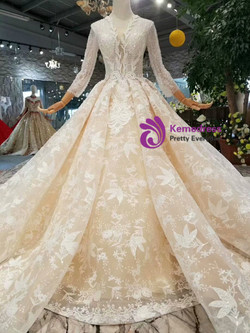 Shop 2019 Long & Short Champage Ball Gown Lace V-neck Long Sleeve Beading Wedding Dress With Train With Factory Price From Kemedress