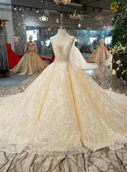 Shop 2019 Long & Short Champagne Ball Gown Tulle Sequins V-neck Backless Beading Wedding Dress With Factory Price From Kemedress