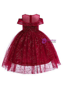 Shop 2019 Long & Short  In Stock:Ship in 48 Hours Burgundy Tulle Sequins Cold Shoulder Flower Girl Dress With Factory Price From Kemedress