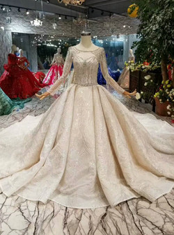 Shop 2019 Long & Short Champagne Ball Gown Tulle Sequins Bateau Long Sleeve Backless Wedding Dress With Factory Price From Kemedress