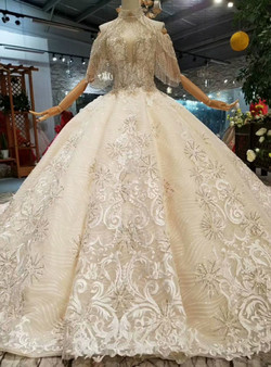 Shop 2019 Long & Short Champagne Ball Gown Tulle Lace Appliques Off The Shoulder Wedding Dress With Long Train With Factory Price From Kemedress