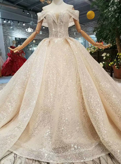 Shop 2019 Long & Short Champagne Ball Gown Tulle Sequins Off The Shoulder Backless Wedding Dress With Train With Factory Price From Kemedress