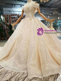 Shop 2019 Long & Short Champagne Ball Gown Tulle Sequins Off The Shoulder Backless Wedding Dress With Train With Factory Price From Kemedress