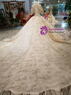 Shop 2019 Long & Short Champagne Ball Gown Tulle Sequins Off The Shoulder Wedding Dress With Long Train With Factory Price From Kemedress