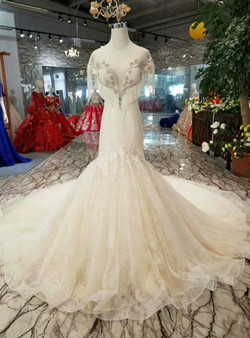Shop 2019 Long & Short Champagne Tulle Mermaid Cap Sleeve Backless Beading Wedding Dress With Pearls With Factory Price From Kemedress