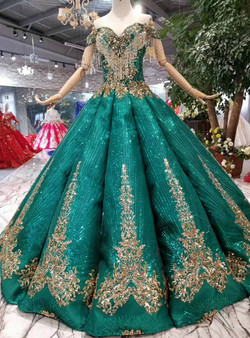 Shop 2019 Long & Short Green Ball Gown Sequins Gold Sequins Appliques Off the Shoulder Wedding Dress With Beading  With Factory Price From Kemedress