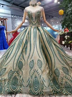 Shop 2019 Long & Short Green And Gold Sequins Ball Gown High Neck Cap Sleeve Backless Wedding Dress With Beading With Factory Price From Kemedress