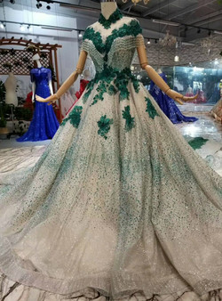 Shop 2019 Long & Short Champagne And Green Ball Gown Tulle Sequins High Neck Cap Sleeve Wedding Dress With Removable Train With Factory Price From Kemedress