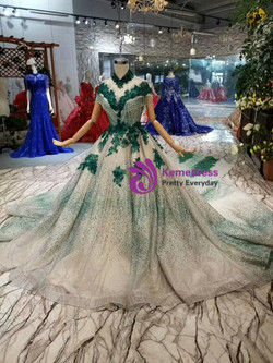 Shop 2019 Long & Short Champagne And Green Ball Gown Tulle Sequins High Neck Cap Sleeve Wedding Dress With Removable Train With Factory Price From Kemedress