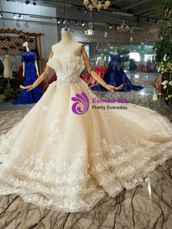 Shop 2019 Long & Short Champagne Ball Gown Tulle Appliques Backless Wedding Dress With Train With Factory Price From Kemedress