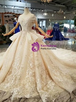 Shop 2019 Long & Short Champagne Ball Gown Lace Appliques Off The Shoulder Wedding Dress With Train With Factory Price From Kemedress