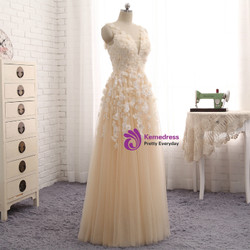 Shop 2019 Long & Short Champagne Tulle V-neck See Through Back Appliques Prom Dress With Factory Price From Kemedress