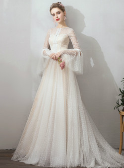 Shop 2019 Long & Short In Stock:Ship in 48 Hours Champagne Tulle Long Sleeve Simple Wedding Dress With Factory Price From Kemedress