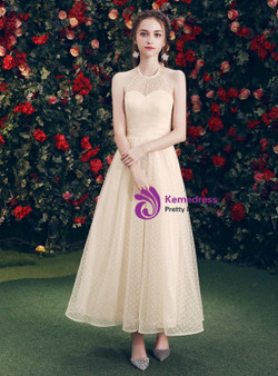 Shop 2019 Long & Short In Stock:Ship in 48 Hours Champagne Tulle Halter Bridesmaid Dress With Factory Price From Kemedress