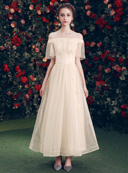 Shop 2019 Long & Short  In Stock:Ship in 48 Hours Champagne Tulle Off The Shoulder Bridesmaid Dress With Factory Price From Kemedress