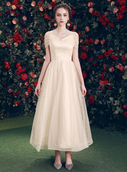 Shop 2019 Long & Short In Stock:Ship in 48 Hours Champagne Tulle Spaghetti Straps Bridesmaid Dress With Factory Price From Kemedress