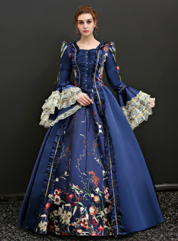 Shop 2019 Long & Short Navy Blue Satin Lace Long Sleeve Print Drama Show Vintage Gown Dress With Factory Price From Kemedress