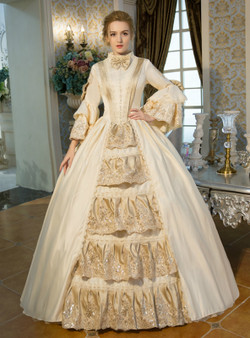 Shop 2019 Long & Short Champagne Ball Gown Satin Puff Sleeve High Neck Drama Show Vintage Gown Dress With Factory Price From Kemedress