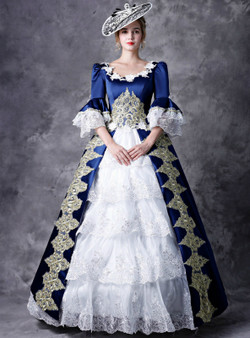 Shop 2019 Long & Short Blue Satin And White Lace Puff Sleeve Appliques Drama Show Vintage Gown Dress With Factory Price From Kemedress