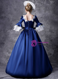 Shop 2019 Long & Short Blue Satin And White Lace Puff Sleeve Appliques Drama Show Vintage Gown Dress With Factory Price From Kemedress