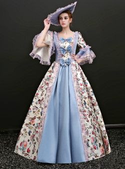 Shop 2019 Long & Short Blue Satin Print Puff Sleeve Square Vintage Gown Dress With Bow With Factory Price From Kemedress