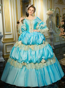 Shop 2019 Long & Short Blue Ball Gown Satin Lace Puff Sleeve Drama Show Vintage Gown Dress With Factory Price From Kemedress