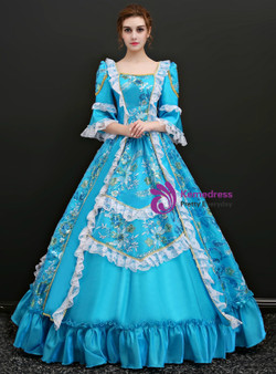 Shop 2019 Long & Short Blue Ball Gown Satin Square Puff Sleeve Appliques Drama Show Vintage Gown Dress With Factory Price From Kemedress