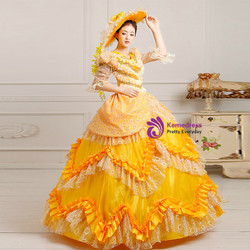 Shop 2019 Long & Short Yellow Ball Gown Satin Lace Short Sleeve Drama Show Vintage Gown Dress With Factory Price From Kemedress