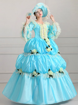 Shop 2019 Long & Short Blue Ball Gown Puff Sleeve With Flower Drama Show Vintage Gown Dress With Factory Price From Kemedress
