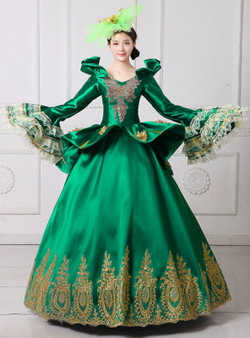 Shop 2019 Long & Short Green Ball Gown Satin Long Sleeve Appliques Drama Show Vintage Gown Dress With Factory Price From Kemedress