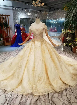 Shop 2019 Long & Short Champagne Ball Gown Lace Off The Shoulder With Beading Wedding Dress With Factory Price From Kemedress