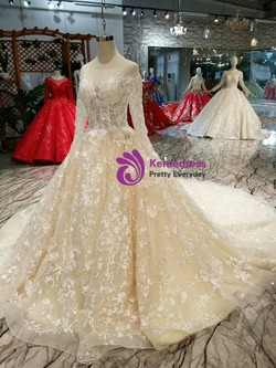Shop 2019 Long & Short Champagne Tulle Appliques Bateau Long Sleeve Backless Wedding Dress With Factory Price From Kemedress