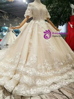 Shop 2019 Long & Short Champagne Ball Gown Tulle Lace Puff Sleeve Backless Wedding Dress With Beading With Factory Price From Kemedress