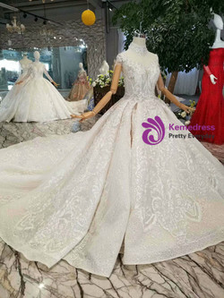 Shop 2019 Long & Short Champagne Ball Gown Lace High Neck Cap Sleeve Weddding dDress With Long Train With Factory Price From Kemedress