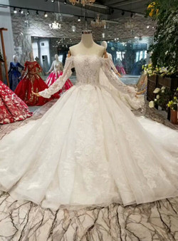 Shop 2019 Long & Short Light Champagne Ball Gown Tulle Appliques Off The Shoulder Long Sleeve Wedding Dress With Factory Price From Kemedress Shop 2019 Long & Short Light Champagne Ball Gown Tulle Appliques Off The Shoulder Long Sleeve Wedding Dress With Factory Price From Kemedress