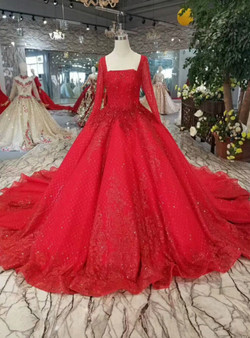 Shop 2019 Long & Short Red Ball Gown Tulle Sequins Square Neck Long Sleeve Wedding Dress With Factory Price From Kemedress