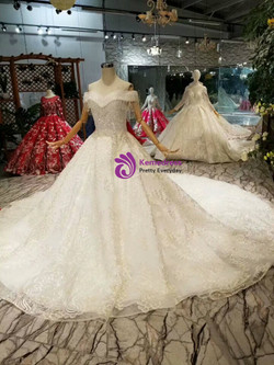 Shop 2019 Long & Short Light Champagne Ball Gown Tulle Appliques Off The Shoulder Wedding Dress With Long Train With Factory Price From Kemedress