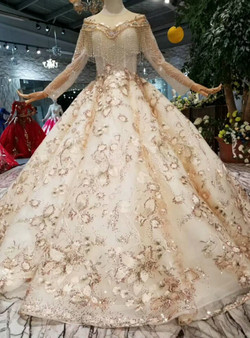 Shop 2019 Long & Short Champagne Ball Gown Sequins Tulle Long Sleeve Wedding Dress With Beading With Factory Price From Kemedress