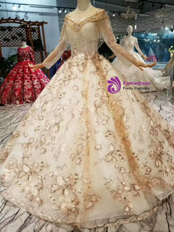 Shop 2019 Long & Short Champagne Ball Gown Sequins Tulle Long Sleeve Wedding Dress With Beading With Factory Price From Kemedress