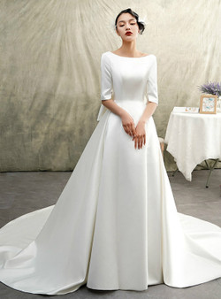 Shop 2019 Long & Short White Bateau Satin Half Sleeve Backless Wedding Dress With Big Bow With Factory Price From Kemedress