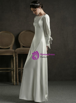 Shop 2019 Long & Short A-Line White Satin Bateau Long Sleeve Backless Floor Length Wedding Dress With Factory Price From Kemedress