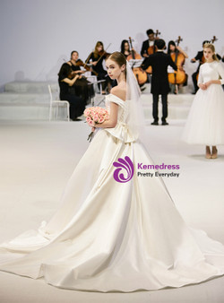 Shop 2019 Long & Short Ivory White Satin Off The Shoulder Bow Wedding Dress With Train With Factory Price From Kemedress