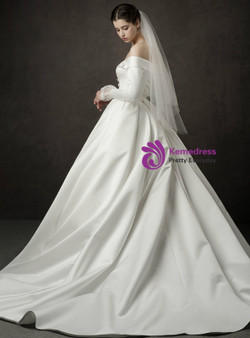 Shop 2019 Long & Short Ivory White Ball Gown Satin Off The Shoulder Long Sleeve Wedding Dress With Factory Price From Kemedress