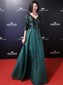 Shop 2019 Long & Short In Stock:Ship in 48 Hours Green Satin Sequins V-neck Half Sleeve Prom Dress With Factory Price From Kemedress
