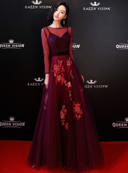 Shop 2019 Long & Short In Stock:Ship in 48 Hours Purple Tulle Long Sleeve Appliques Prom Dress With Factory Price From Kemedress