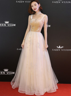 Shop 2019 Long & Short In Stock:Ship in 48 Hours Champagne Tulle Straps Long Prom Dress With Factory Price From Kemedress